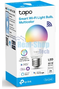 Умная многоцветная Wi‑Fi лампа Tapo Smart WiFi Bulb, A60 size，E27 base, 9.5W, 16 million colors, 2000k-6500k tunable white, 800 lumens brightness and diммable, 802.11b/g/n 2.4G WiFi connection, work with 200-240 V, 50/60 Hz power voltage and frequency, wo