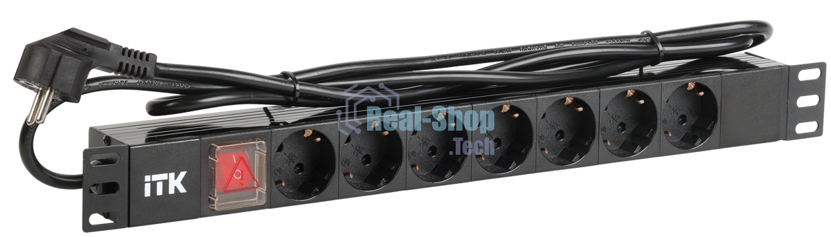 Блок розеток ITK PDU 7 розеток DIN49440 (нем. cтанд.) с LED выключателем, 1U, шнур 2м вилка DIN49441 (нем. станд.), профиль из ПВХ, черный