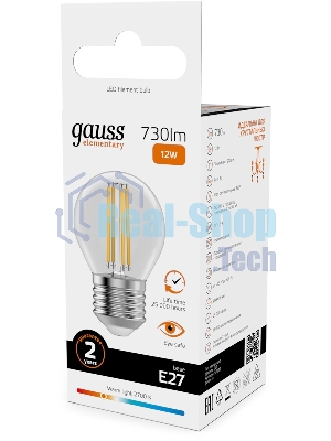 Лампа филам. Gauss Filament 12Вт цок.:E27 шар св.свеч.бел.теп. (упак.:10шт) (52212)