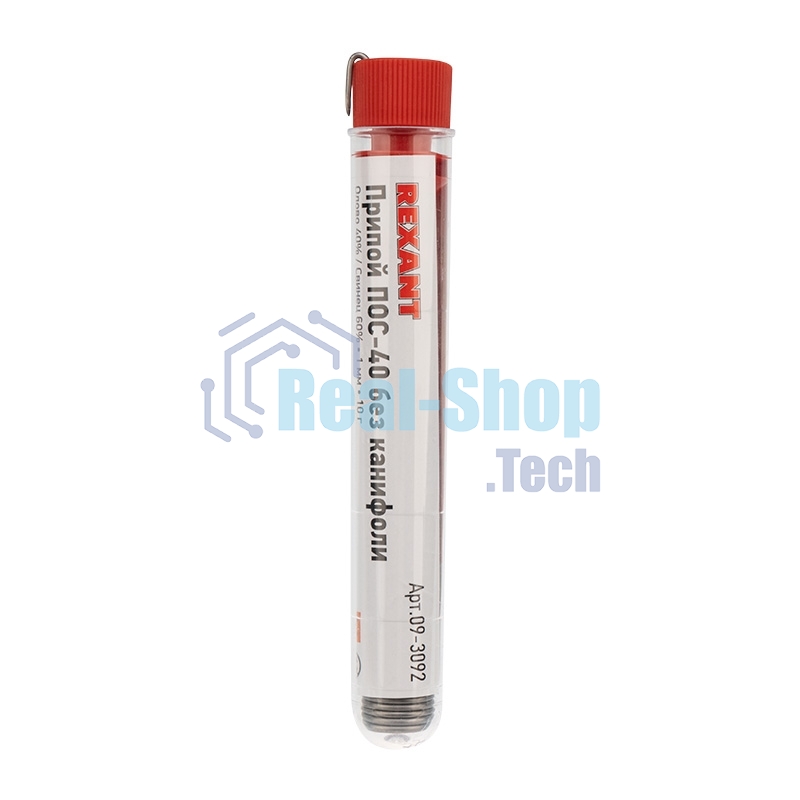 Припой без канифоли ПОС-40 Rexant, 10 г, Ø1.0 мм, (олово 40%, свинец 60%), колба