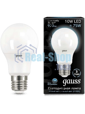 Лампа светодиодная Gauss LED A60 10W E27 920lm 4100K 1/10/50