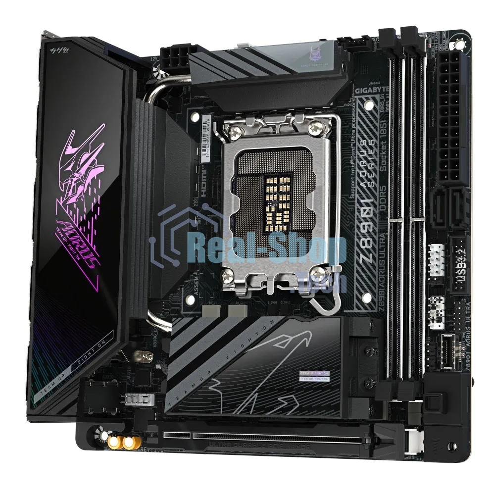 Материнская плата Gigabyte Z890I AORUS ULTRA, LGA 1851, Intel Z890, 2xDDR5, 2xSATA, 2xM.2, 1xPCIe 5.0 x16, 1xDP, 1xHDMI, 1xUSB-C, 1x Thunderbolt 4, 1x 2.5Gb LAN, 2xUSB-A 3.2 Gen 1, 3xUSB-A 3.2 Gen 2, 2x3.5 мм, TOSLINK, 7.1, 1xUSB4, Mini-ITX