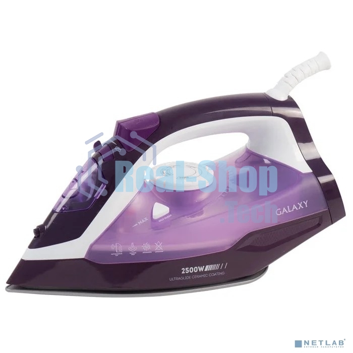 Утюг Galaxy Line GL 6124, фиолетовый с белым, паровой, 2500 Вт, постоянный пар 50 г/мин, паровой удар 230 г/мин, функции: самоочистка, антикапля, антинакипь, функция увлажнения, вертикальное отпаривание, защита от перегрева, индикатор нагрева, керамическо