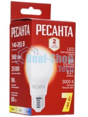 Лампа светодиодная Ресанта LL-R-A60-7W-230-3K-E27 груша, 7 Вт, тепл., Е27