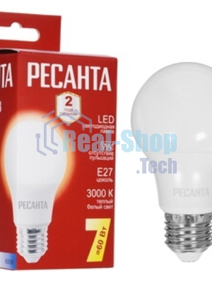 Лампа светодиодная Ресанта LL-R-A60-7W-230-3K-E27 груша, 7 Вт, тепл., Е27