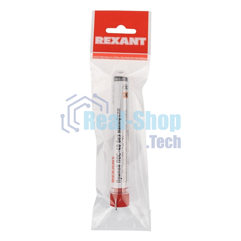 Припой без канифоли ПОС-40 Rexant, 10 г, Ø1.0 мм, (олово 40%, свинец 60%), колба
