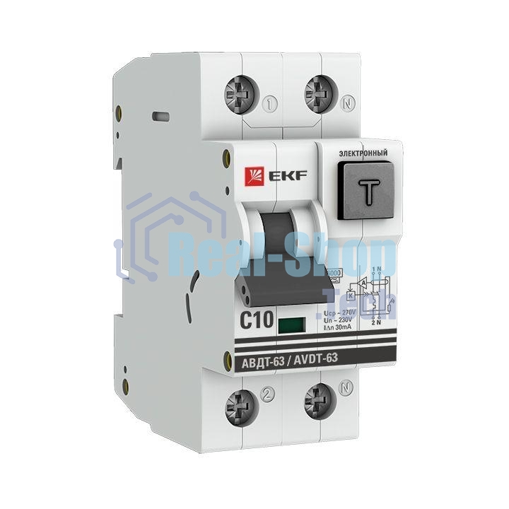 Выключатель автоматический дифференциального тока 63 10А/30мА (хар-ка C, электронный тип A) 6кА EKF PROxima EKF DA63-10-30e