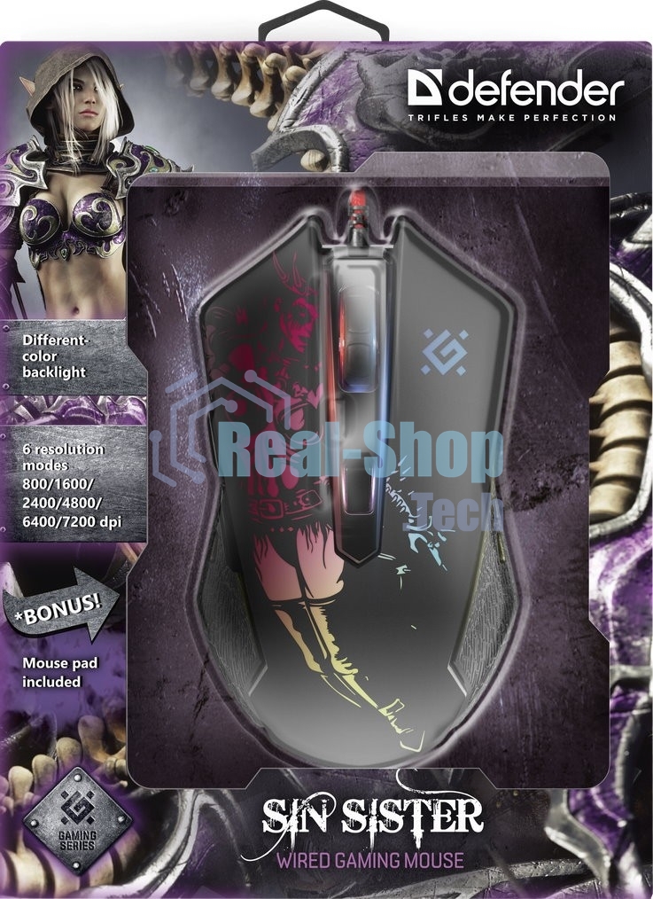 Мышь проводная Defender Sin'Sister GM-933 черный, 7200 dpi, USB, кнопки - 6