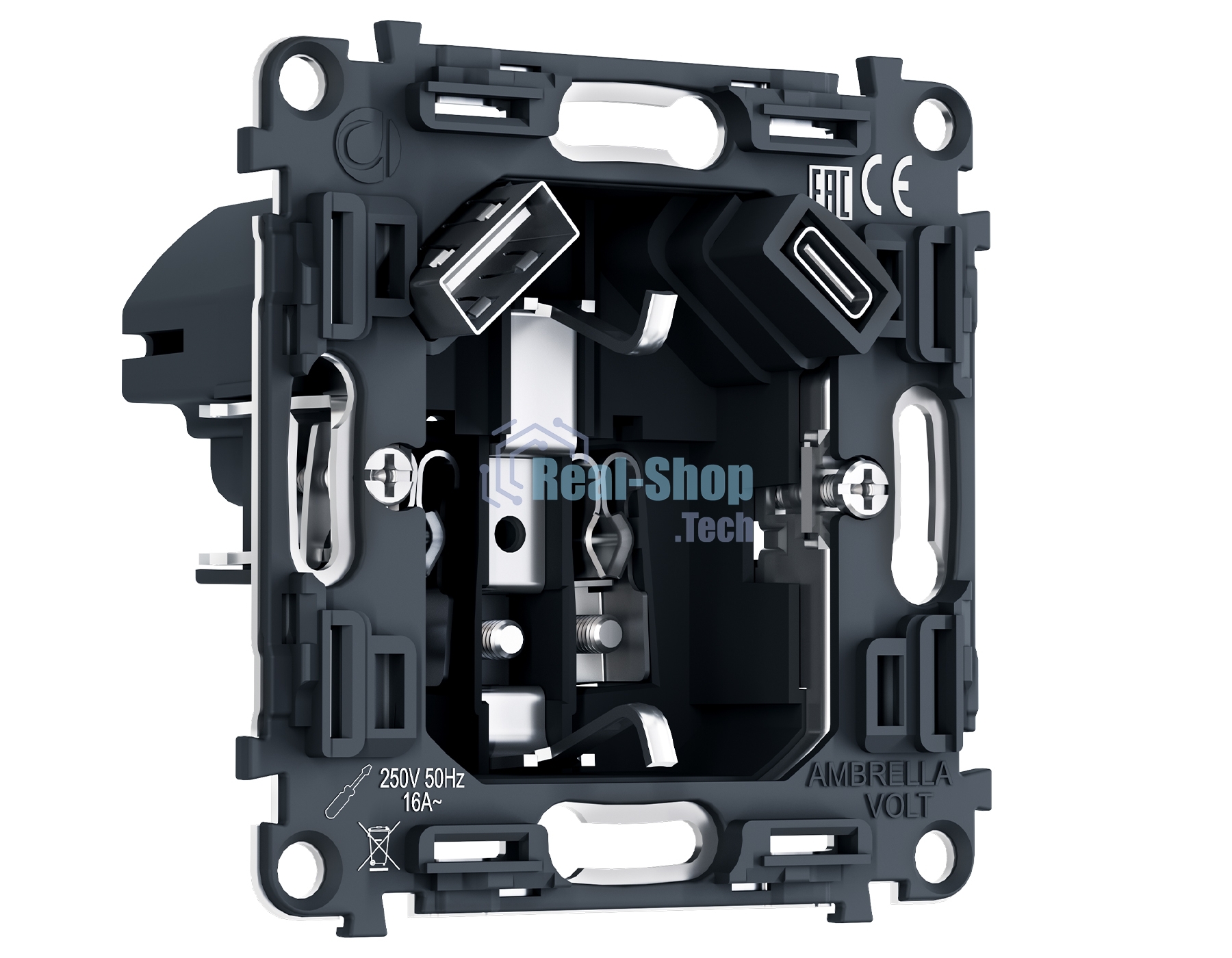 PR160 Механизм электрической розетки 2USB A+C 20W (быстрая зарядка) с/з на винтовых зажимах QUANT PRO