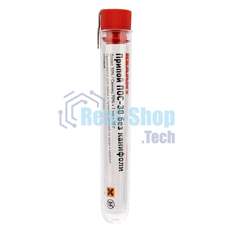 Припой без канифоли ПОС-30 Rexant, 10 г, Ø1.0 мм, (олово 30%, свинец 70%), колба