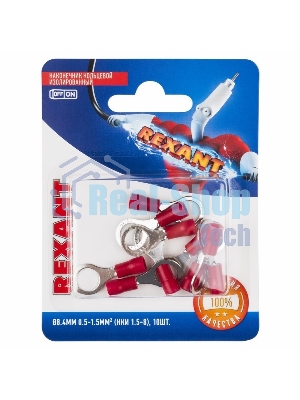 Наконечник кольцевой Rexant изолированный, ø8.4мм, 0.5-1.5мм², НКи 1.5-8 / НКи 1,25-8 / RV1.25-8, красный, в упак. 10 шт.