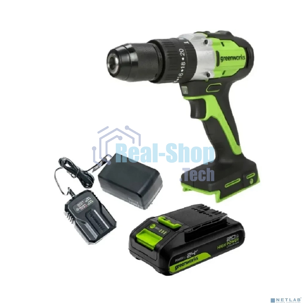 Дрель-шуруповерт аккумуляторная GREENWORKS GD24DD60, Аккумуляторная, 24В, без АКБ и ЗУ, Ударная
