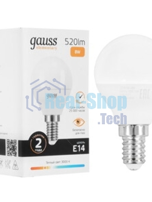 Лампа светодиодная Gauss Elementary 8Вт цок.: E14 шар 220B 3000K св. свеч. белый теп. P45 (упак.: 10 шт)