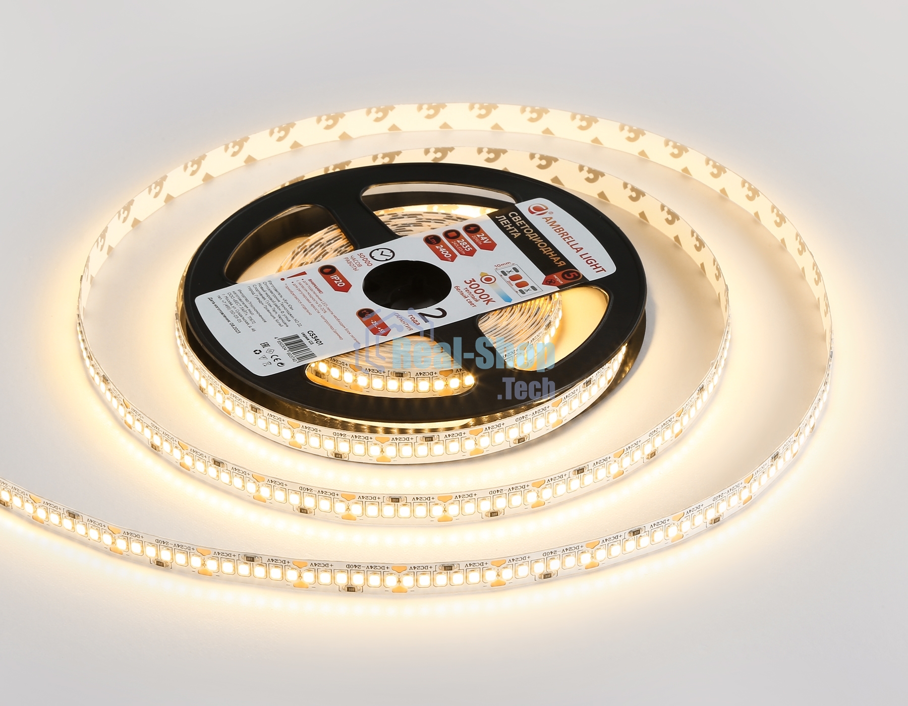 Светодиодная лента Ambrella light GS3401 2835 240Led/ 20W m/ 24V IP20 3000K/ 5000*10*1.2mm (2 конт.)