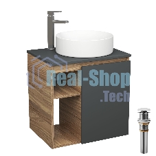 Тумба Bau Dream Blackwood 60 правая, графит, раковина BAU Dream круглая D41, смеситель для раковины высокий Hotel Still, нержавеющая сталь, выпуск клик клак, белый