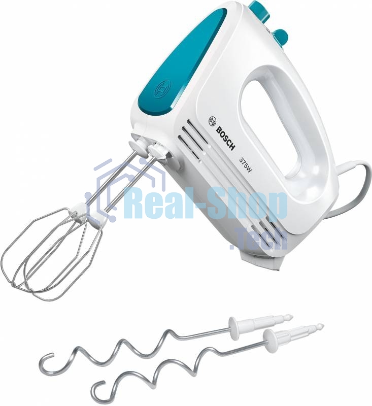 Миксер Bosch MFQ2210D, 375 Вт, белый/ голубой, 4 скорости+ импульс.режим, 2 крюка+ 2 венчика