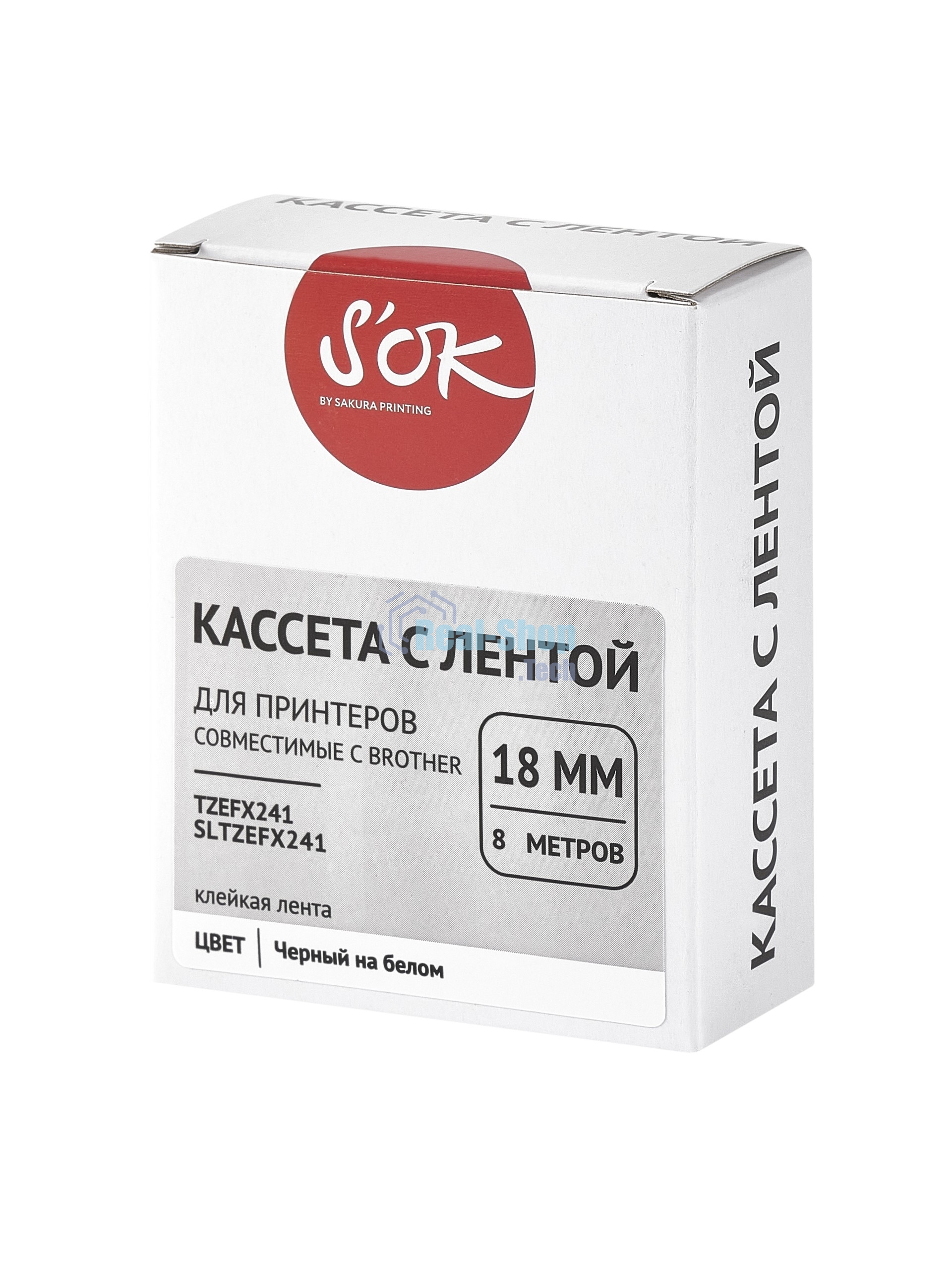 Кассета с лентой S'OK by Sakura Printing TZEFX241 для Brother, черный на белом, 18мм/8м, наклейка