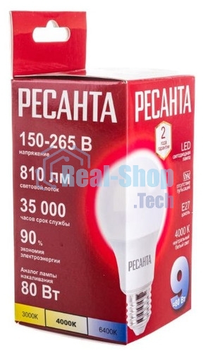 Лампа светодиодная Ресанта LL-R-A60-9W-230-4K-E27 груша, 9 Вт, нейтр., Е27