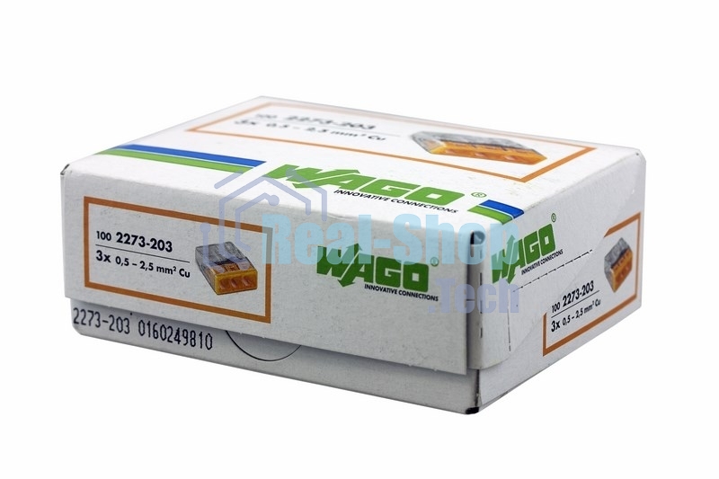 Клемма 3х(0.5-2.5мм) 3-х проводн. для распред. короб. (без п) WAGO 2273-203