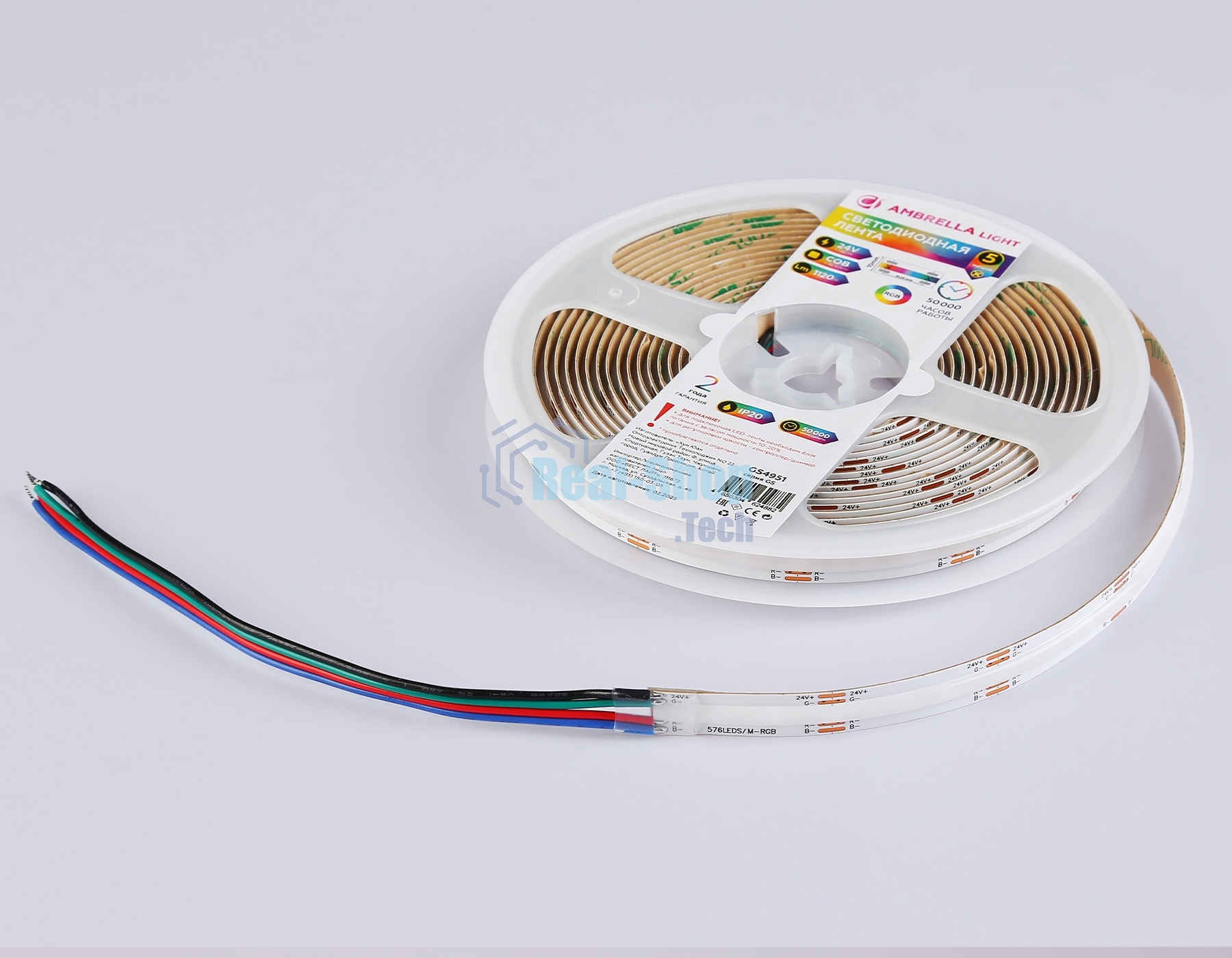 Светодиодная лента Ambrella light GS4951 COB 576Led/ 14W m/ 24V IP20 RGB/ 5m*10mm*3mm (4 конт.)