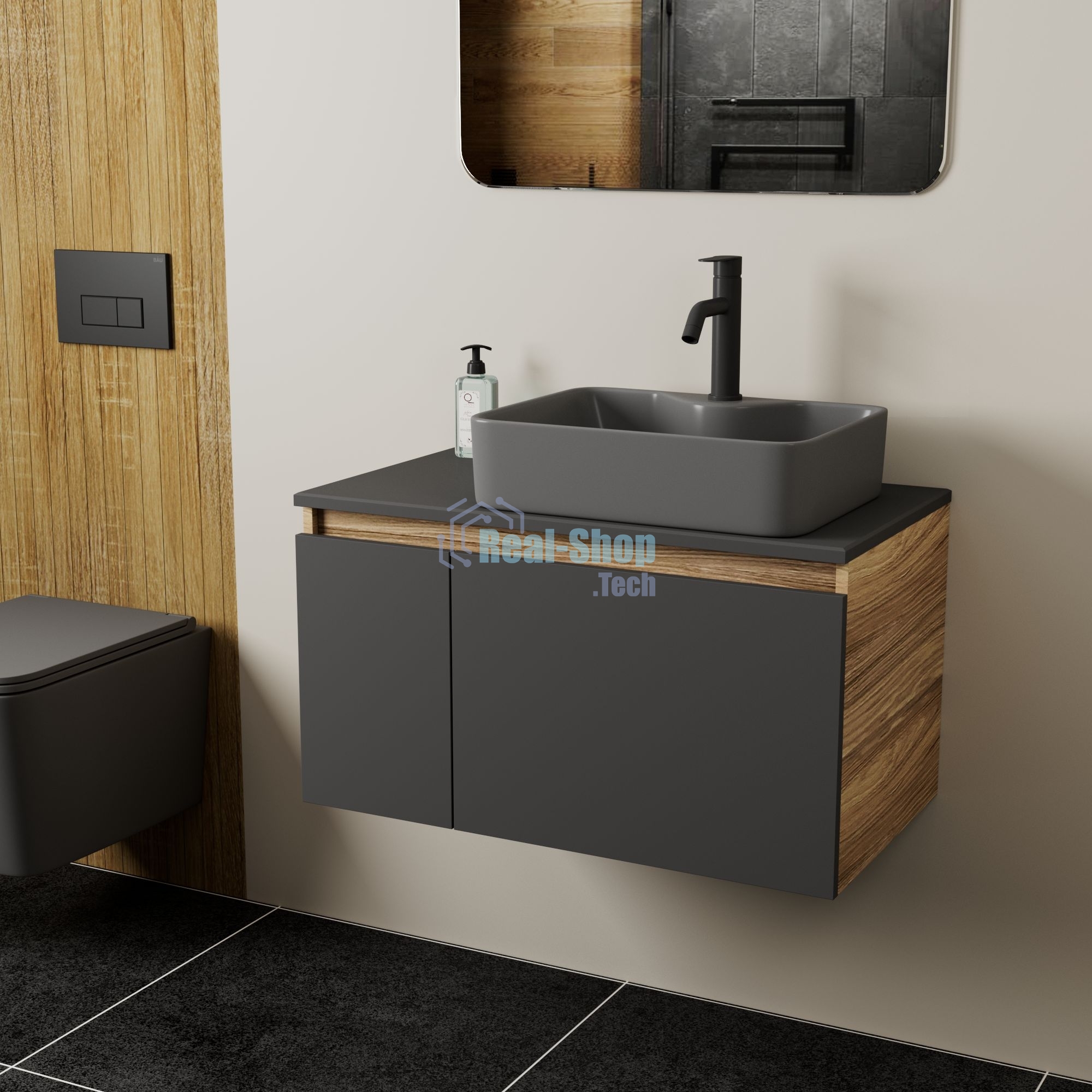 Комплект: тумба Bau Dream Blackwood графит 80, раковина BAU Cerama 48х37, темно-серая, смеситель Hotel Dream Black, черный матовый