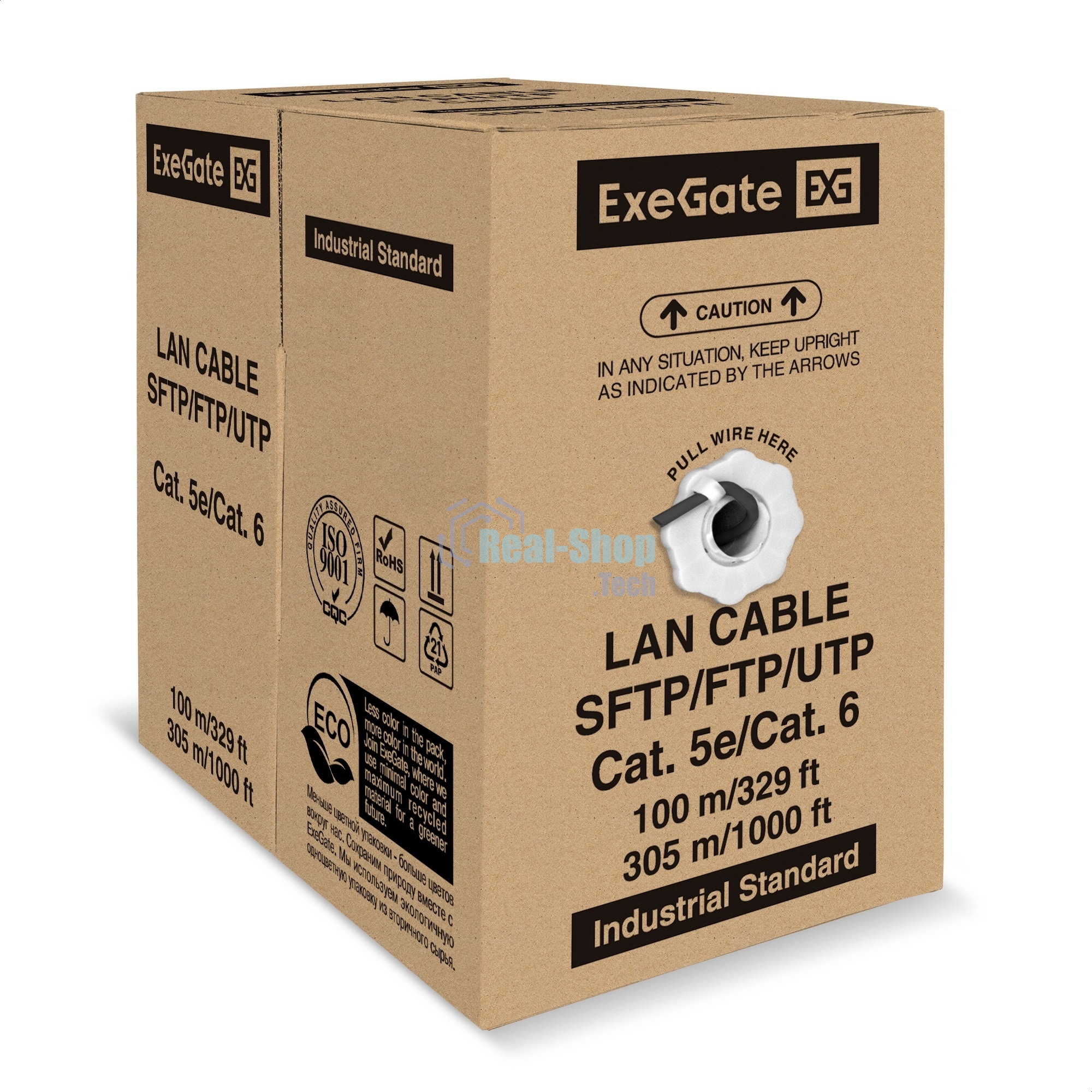Кабель ExeGate Special FUTP4-C5e-CU-S24-OUT-PE-BK-305-FLUKE FTP 4 пары кат.5e медь, 0.48мм (24AWG), FLUKE® test pass, экран, внешн., без троса, 305м, черн., PE