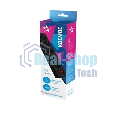 Удлинитель с сетевым фильтром Космос 5х3 м с заземл. 10А IP20 2.2 кВт 3х0.75 индикатор сети черный