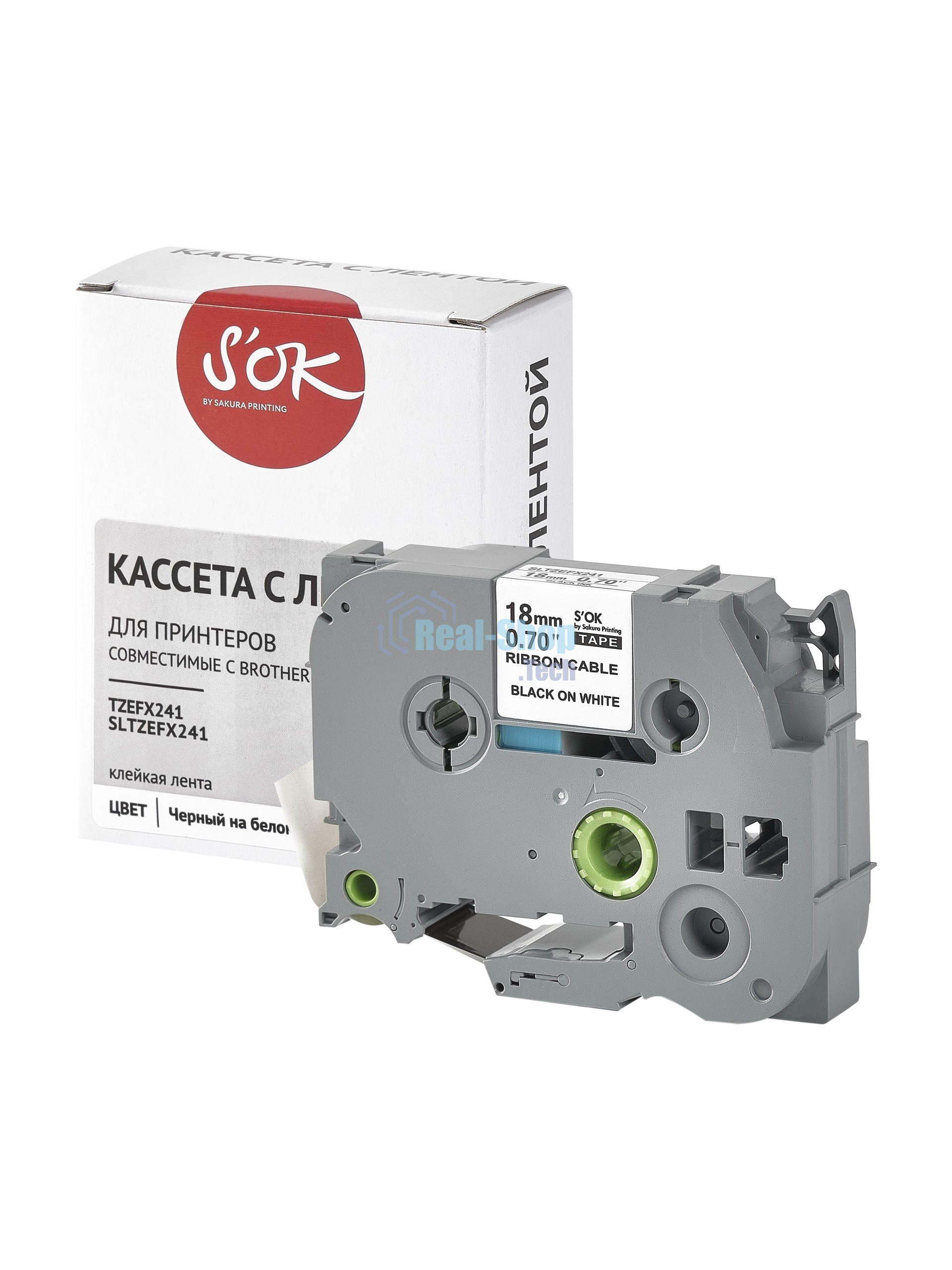 Кассета с лентой S'OK by Sakura Printing TZEFX241 для Brother, черный на белом, 18мм/8м, наклейка