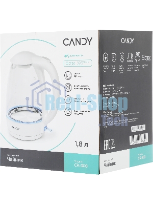 Чайник электрический Candy CK-300 белый, 1.8 л, 2200 Вт, скрытый нагревательный элемент