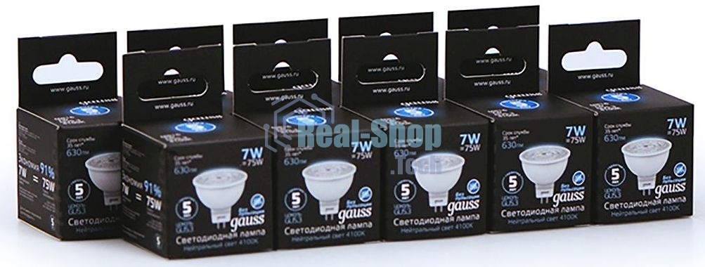 Лампа светодиодная Gauss Black 7Вт цок.: GU5.3 рефлек. 220B 4100K св. свеч. белый. нейт. MR16 (упак.: 10 шт)