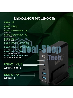 Настольное зарядное устройство Digma Pro DPW10A 140W 5A (PD+QC) 3хUSB-C/2xUSB-A универсальное черный (DPW1A4G024BK)
