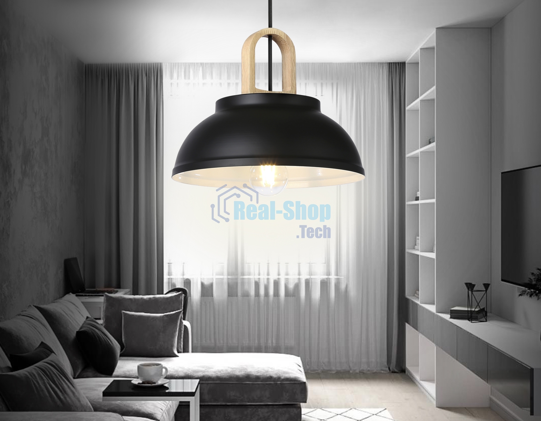 Светильник Ambrella light TR8192 BK/LW черный/светлое дерево E27 max 40W D290*900