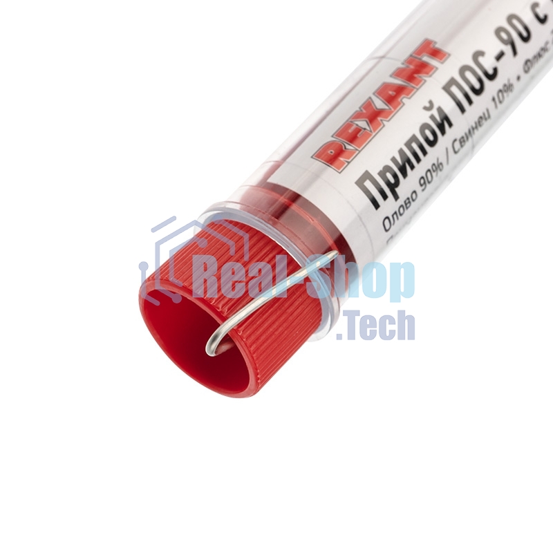 Припой с канифолью ПОС-90 Rexant, 10 г, Ø1.0 мм, (олово 90%, свинец 10%), колба