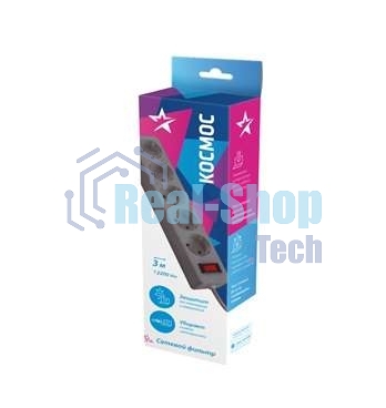 Удлинитель с сетевым фильтром Космос 5х3 м с заземл. 10А IP20 2.2 кВт 3х0.75 индикатор сети сер.