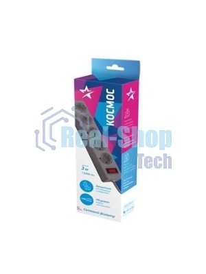 Удлинитель с сетевым фильтром Космос 5х3 м с заземл. 10А IP20 2.2 кВт 3х0.75 индикатор сети сер.