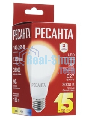 Лампа светодиодная Ресанта LL-R-A65-15W-230-3K-E27 груша, 15 Вт, тепл., Е27