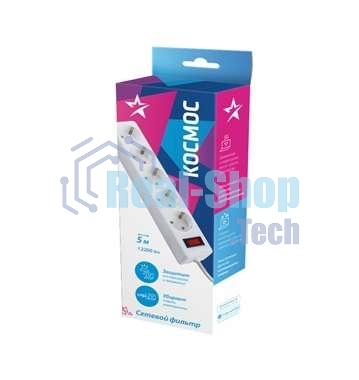 Удлинитель с сетевым фильтром Космос 5х5 м с заземл. 10А IP20 2.2 кВт 3х0.75 индикатор сети бел.