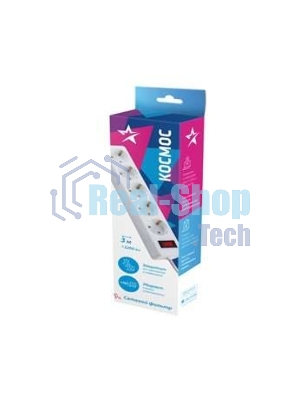 Удлинитель с сетевым фильтром 5х3 м с заземл. 10А IP20 2.2 кВт 3х0.75 индикатор сети бел. Космос FKsm3m-5g(W)