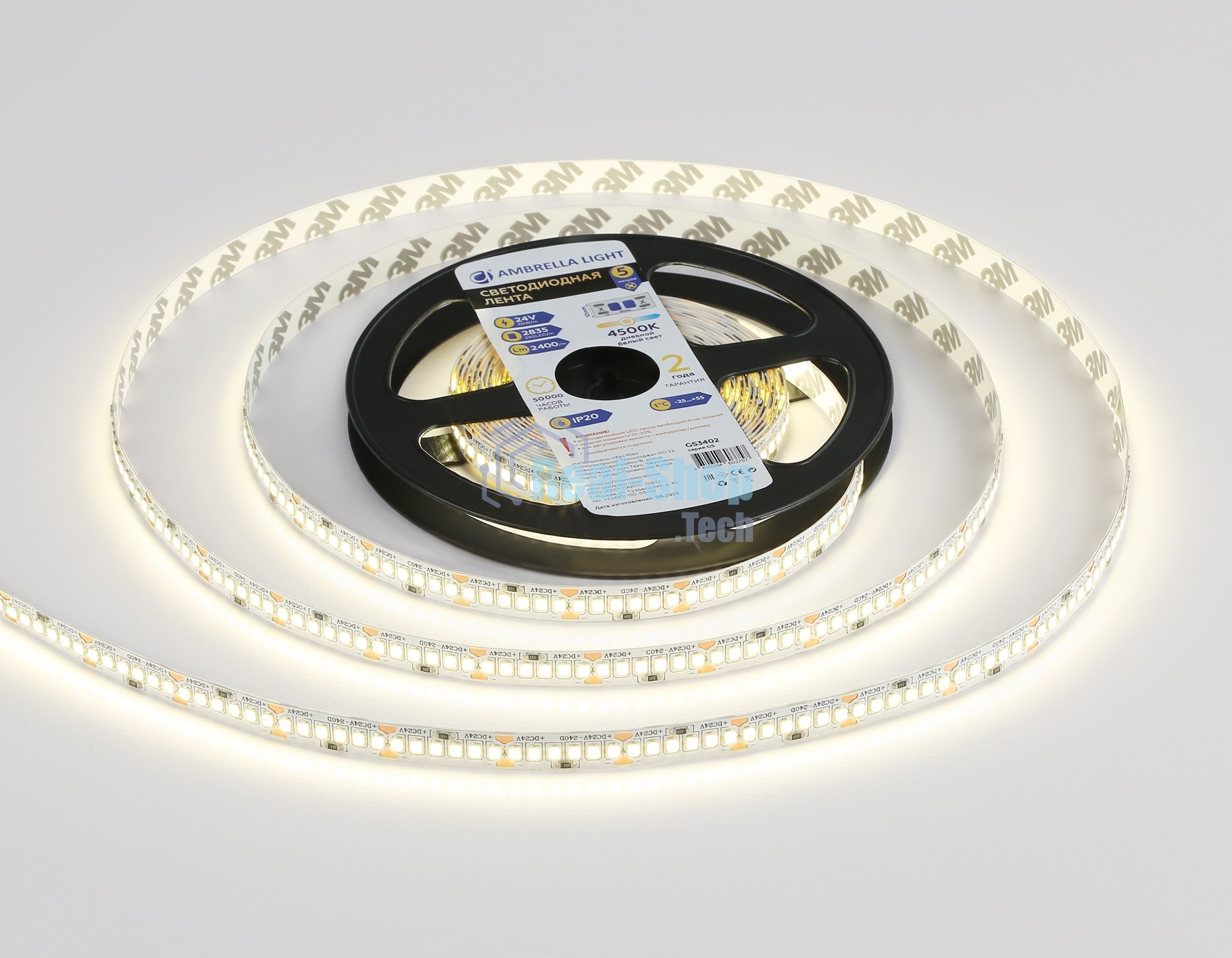 Светодиодная лента Ambrella light GS3402 2835 240Led/ 20W m/ 24V IP20 4500K/ 5000*10*1.2mm (2 конт.)