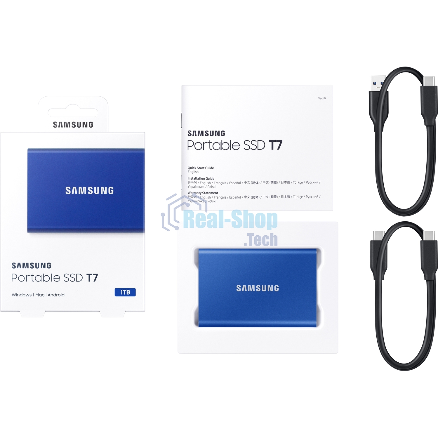 Внешний SSD Samsung T7, 1TB, USB 3.2 Gen 2 Type-C, R/W 1050/1000, синий