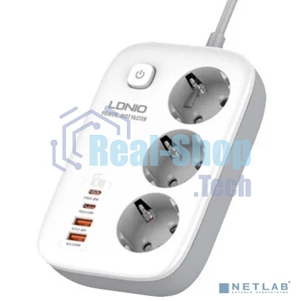 Сетевой удлинитель LDNIO SE3436/ 2м/ 3 розетки/ 3250W/ 4 USB: QC 4.0+PD 3.0+PPS/ GAN 65W/ белый