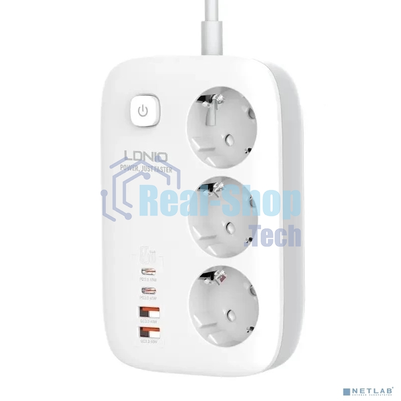 Сетевой удлинитель LDNIO SE3436/ 2м/ 3 розетки/ 3250W/ 4 USB: QC 4.0+PD 3.0+PPS/ GAN 65W/ белый