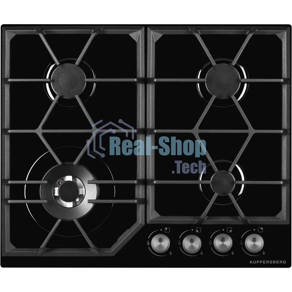 Газовая варочная панель Kuppersberg FG 62 B Газовая варочная поверхность, закаленное стекло, ширина 60 см, 4 газовые конфорки, WOK конфорка(3,8 кВт), автоподжиг, газ-контроль, чугунные решетки, черный