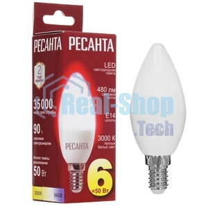 Лампа светодиодная Ресанта LL-R-C37-6W-230-3K-E14 свеча, 6 Вт, теплый, Е14