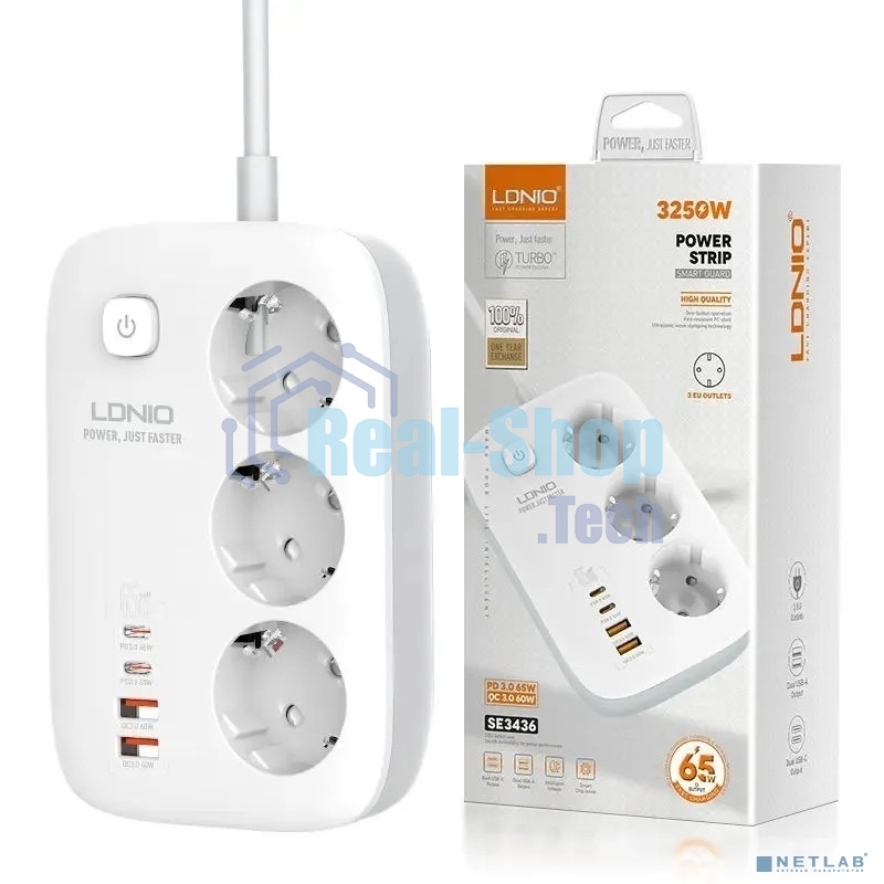 Сетевой удлинитель LDNIO SE3436/ 2м/ 3 розетки/ 3250W/ 4 USB: QC 4.0+PD 3.0+PPS/ GAN 65W/ белый