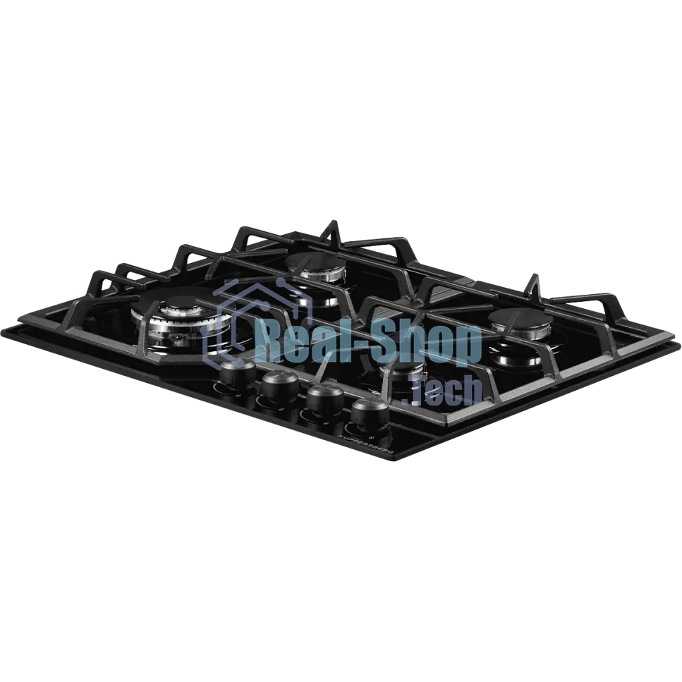 Газовая варочная панель Kuppersberg FG 62 B Газовая варочная поверхность, закаленное стекло, ширина 60 см, 4 газовые конфорки, WOK конфорка(3,8 кВт), автоподжиг, газ-контроль, чугунные решетки, черный
