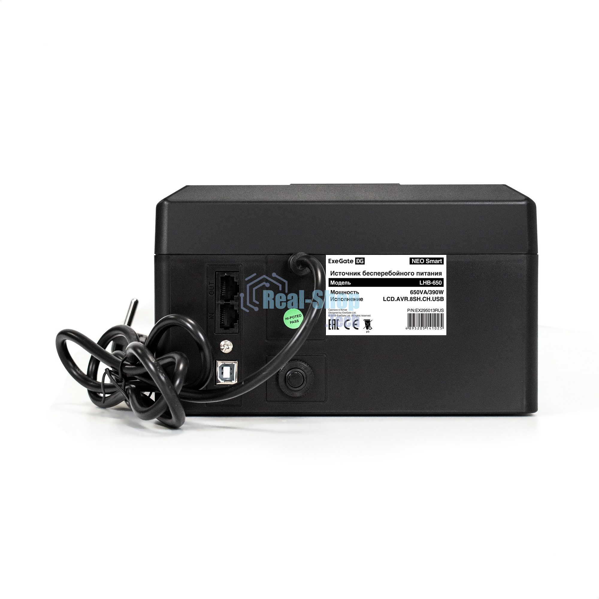 Источник бесперебойного питания ExeGate NEO Smart LHB-650.LCD.AVR.8SH.CH.RJ.USB 650VA/390W, LCD, AVR, 8*Schuko, RJ45/11, USB, 4*USB-порта для зарядки, черный