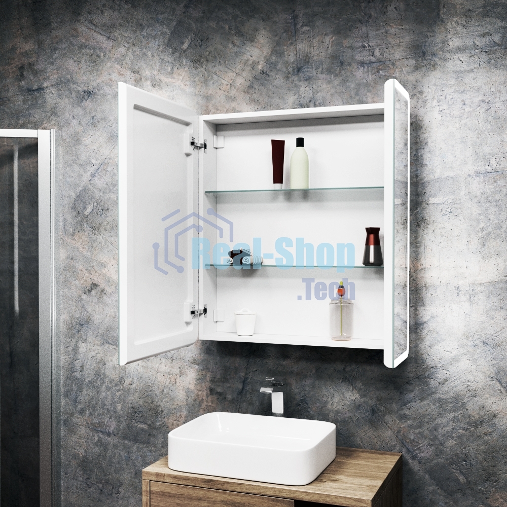 Зеркальный шкаф Bau Stil 70х80, LED подсветка, сенсор, плавное закрывание, оборачиваемый