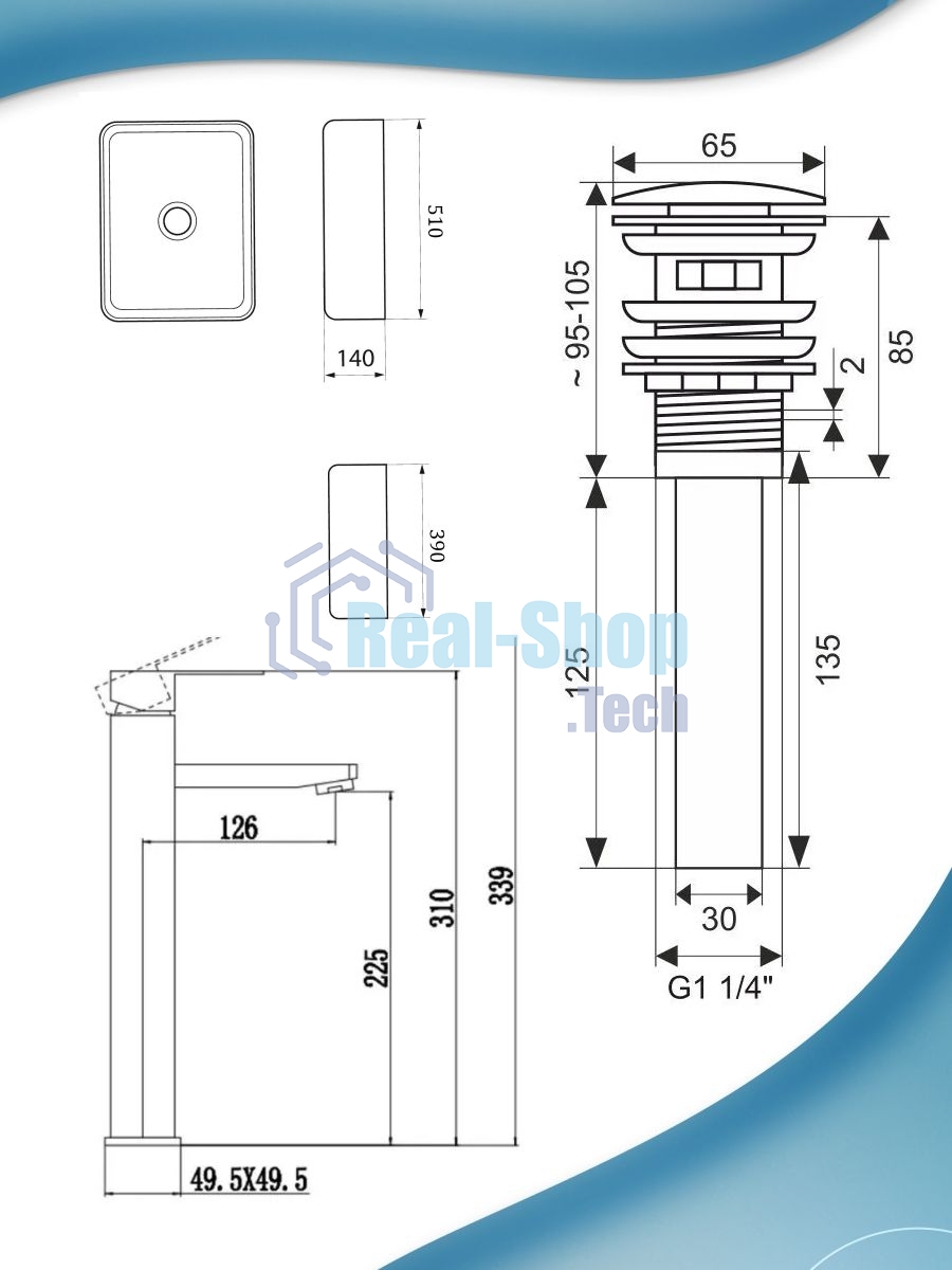 Раковина накладная со смесителем и выпуском (прямоугольная BAU Hotel 51х39, мрамор + смеситель Hotel Still, нер. сталь, выпуск клик-клак черный)