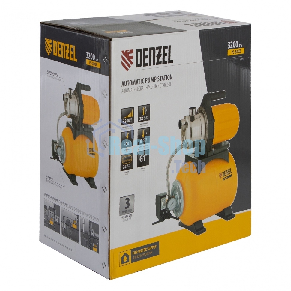 Насосная станция Denzel PS800X автоматическая 800Вт 3200л/ч ресивер 24л подъем 38м